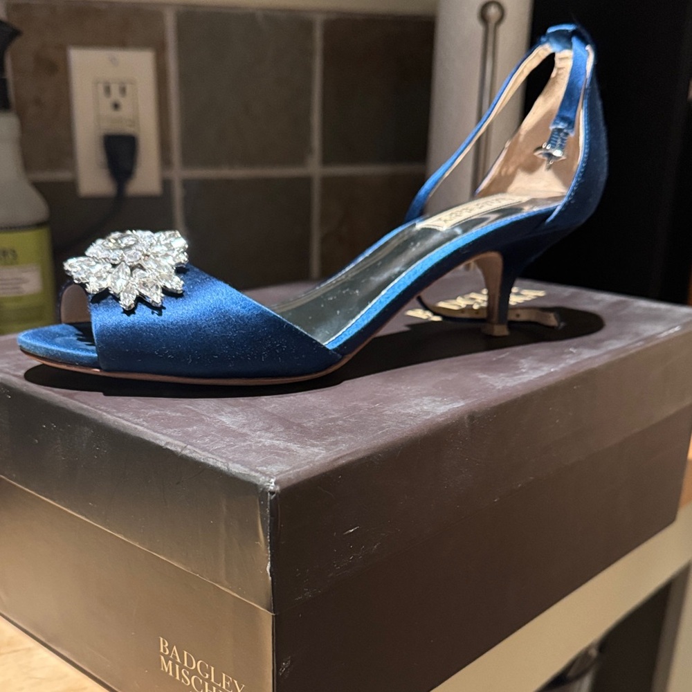 Badgley Mischka Blue Satin Heels with Crystal Accent